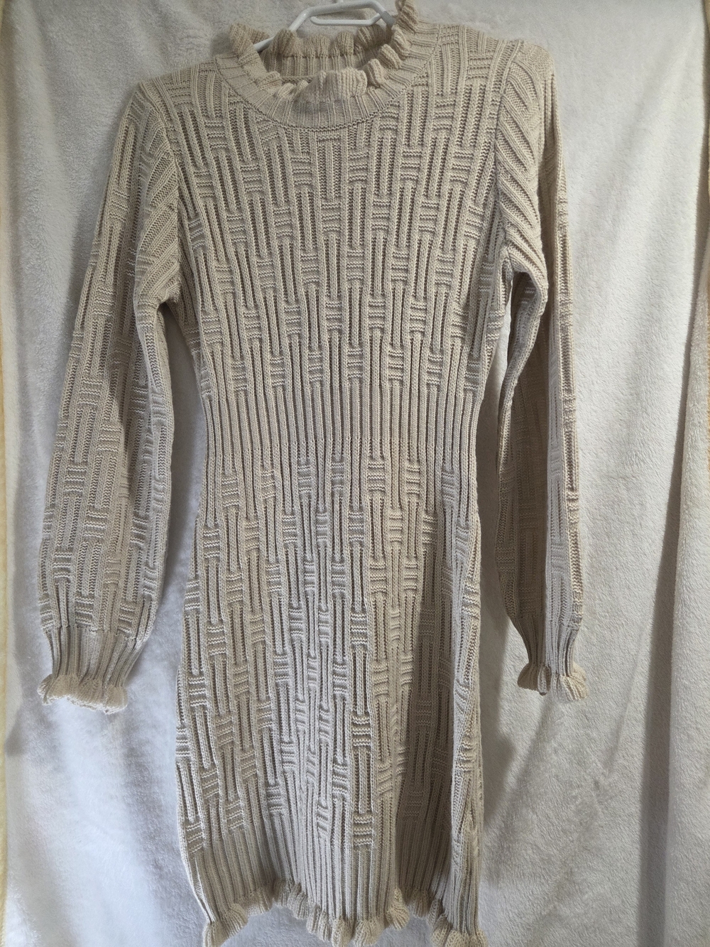 Beige Knit Long-Sleeve Sweater Dress